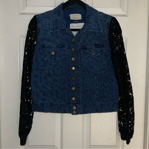 Current/Elliott Leopard Print Denim Button Up Jacket w/ Black Lace Sleeves Sz 3